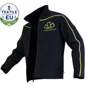 soft biflect evo - KM Concept Navy EMS Ambulances jacket with neon yellow piping, front zipper, and zip pockets shown against a white background, EU textile badge in corner.