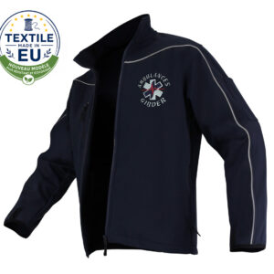 Navy zip-front jacket with reflective piping along the sleeves, featuring a circular 'ambulances' patch with a star-of-life symbol on the chest and a 'Textile Made in EU' badge nearby.