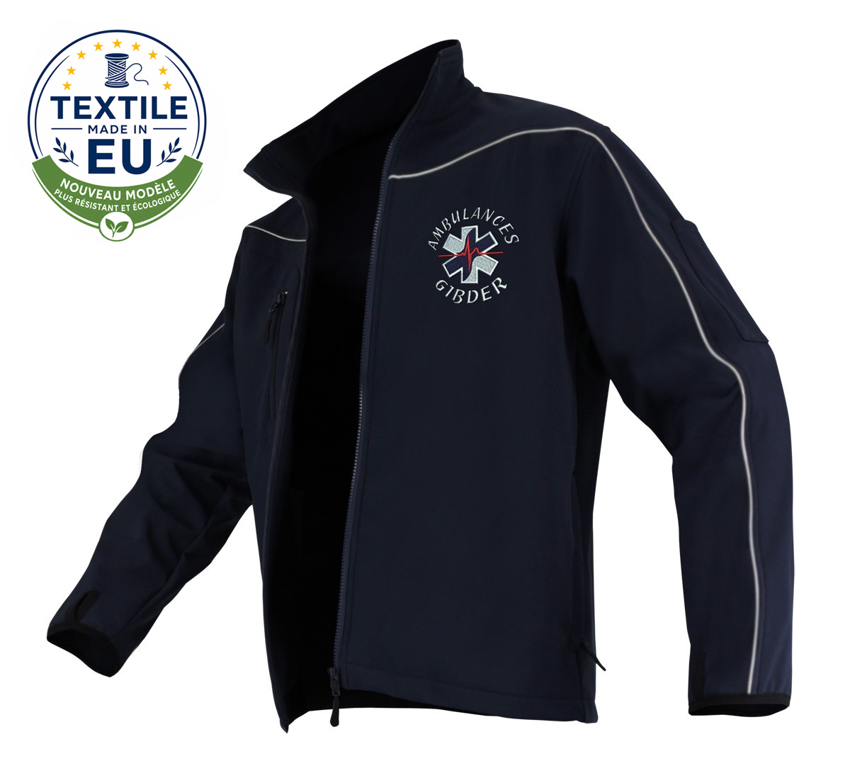Navy zip-front jacket with reflective piping along the sleeves, featuring a circular 'ambulances' patch with a star-of-life symbol on the chest and a 'Textile Made in EU' badge nearby.