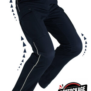 reflect destock - KM Concept Navy cargo hiking pants shown from the side, featuring side pockets and light piping along the seams, with a promotional badge in the bottom right corner.