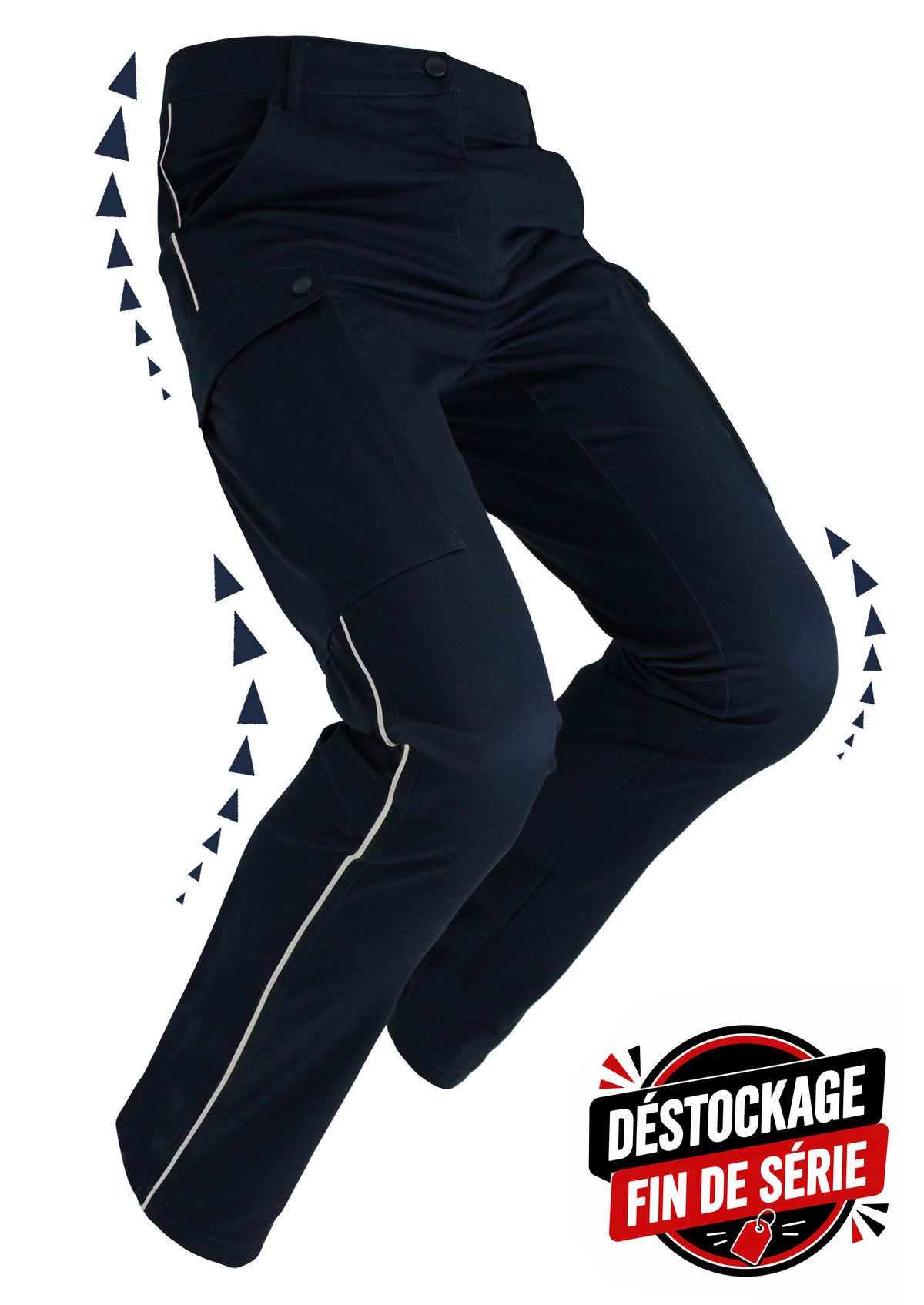Navy cargo hiking pants shown from the side, featuring side pockets and light piping along the seams, with a promotional badge in the bottom right corner.