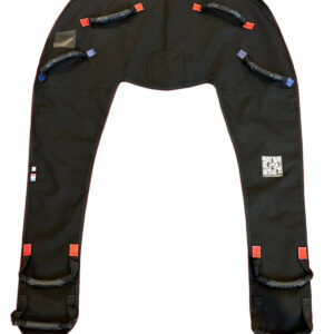 MOBISAFE - KM Concept Black parachute/harness with leg loops and multiple red pull tabs, used to secure a skydiving or paragliding system