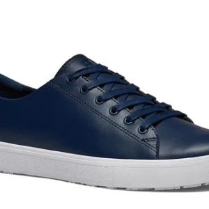 Navy blue low-top sneaker with a white sole and laces, viewed from the side.