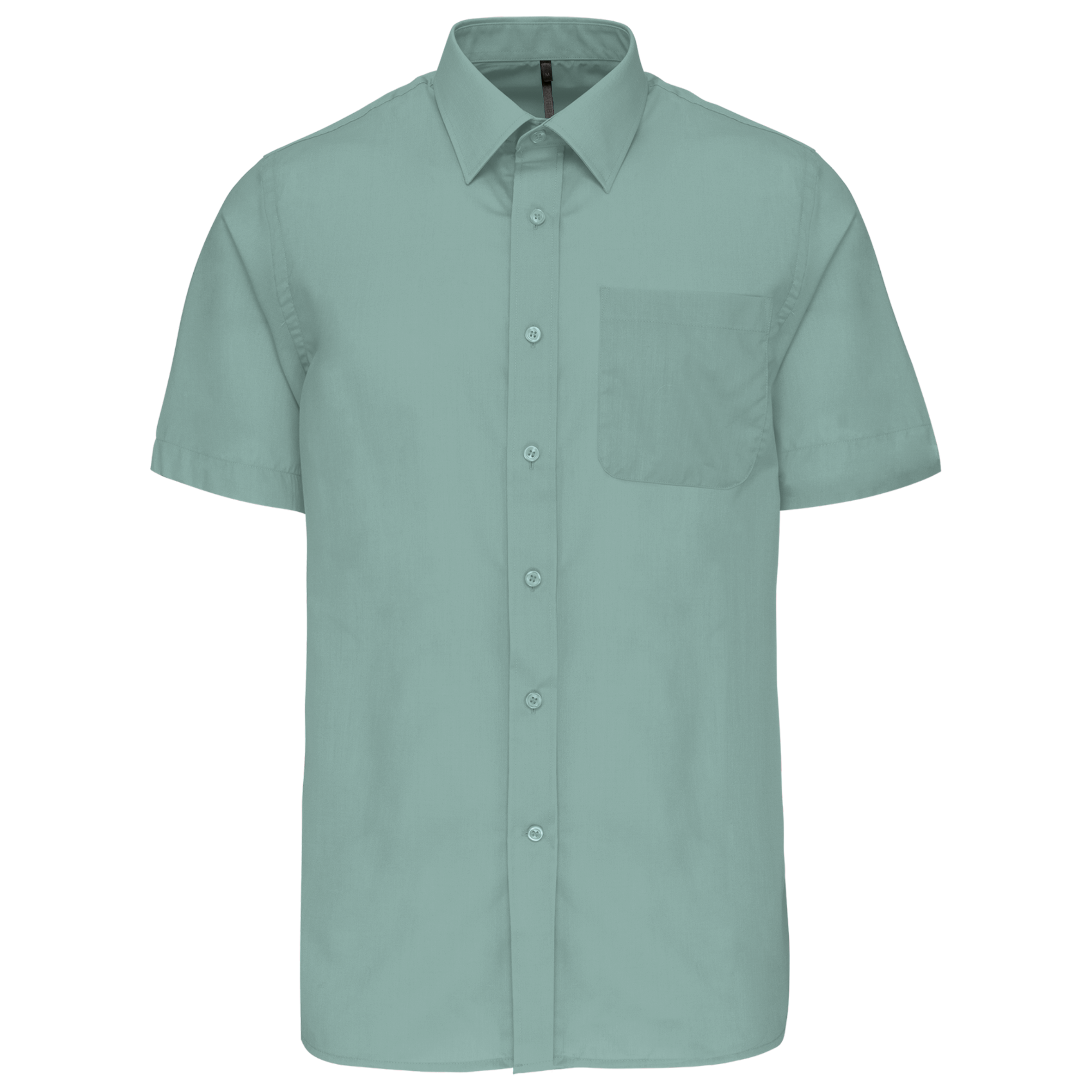 Teal button-down shirt with collar and a chest pocket, shown from the chest up.