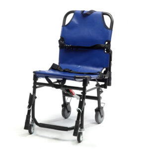 Blue folding transport wheelchair with a padded backrest and seat on caster wheels against a white background.