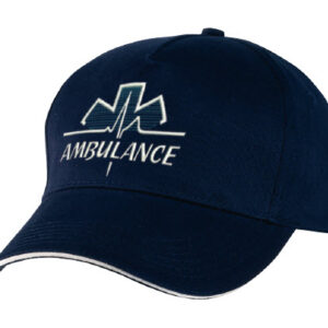 Navy baseball cap with a white embroidered ambulance logo and the word AMBULANCE on the front panel.