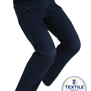 120911-Pantalon-dintervention-ambulancier-marine copie - KM Concept Navy cargo pants shown from a side angle, featuring multiple pockets and reinforced knees, with a 'Textile Made in EU' badge partially visible.