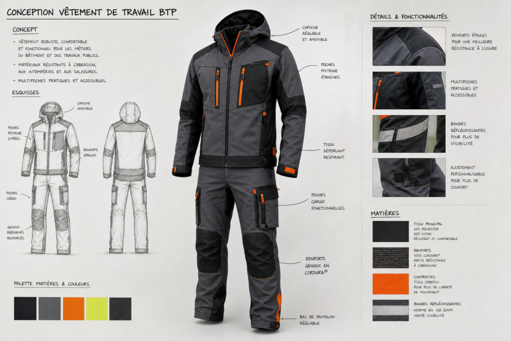Conception vetement de travail KM - KM Concept Full-body view of a two-tone gray and black workwear suit with orange zippers and cargo pockets, on a design sheet reference.