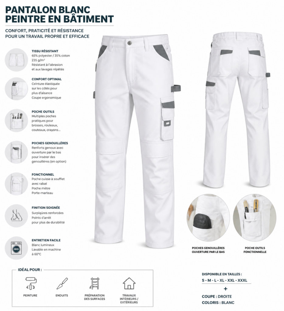 conception pantalon peintre - KM Concept White work pants with multiple pockets shown from front and back, plus circular zoom-in icons detailing fabric, pockets, and features in French.