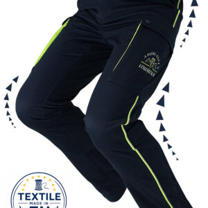 pantalon biflect evo - KM Concept Dark navy athletic pants with neon yellow piping and side pocket, logo on thigh, shown in angled running pose (product image)