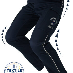 reflect evo - KM Concept Navy medical/EMS cargo pants with an ambulance patch on the left thigh and reflective piping along the seams, shown angled to display pockets and shape.